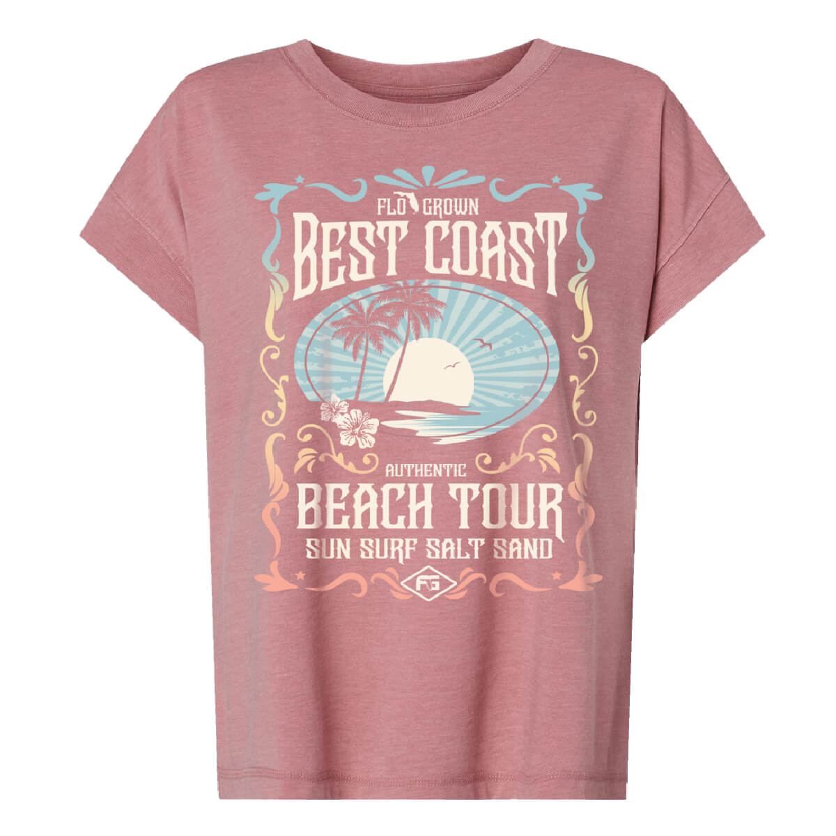 Heathered pink shirt with a vintage surf graphic featuring a sunset with palm trees and a poster with text 'BEST COAST BEACH TOUR'.