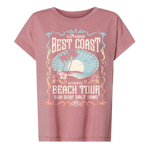 Heathered pink shirt with a vintage surf graphic featuring a sunset with palm trees and a poster with text 'BEST COAST BEACH TOUR'.