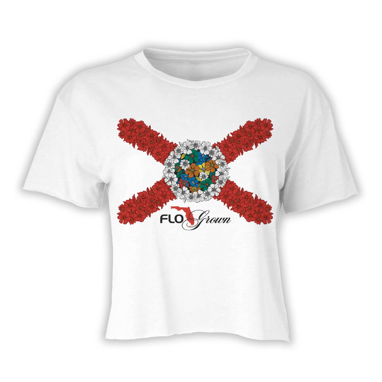 White t-shirt with the Florida flag in a floral design on the front.
