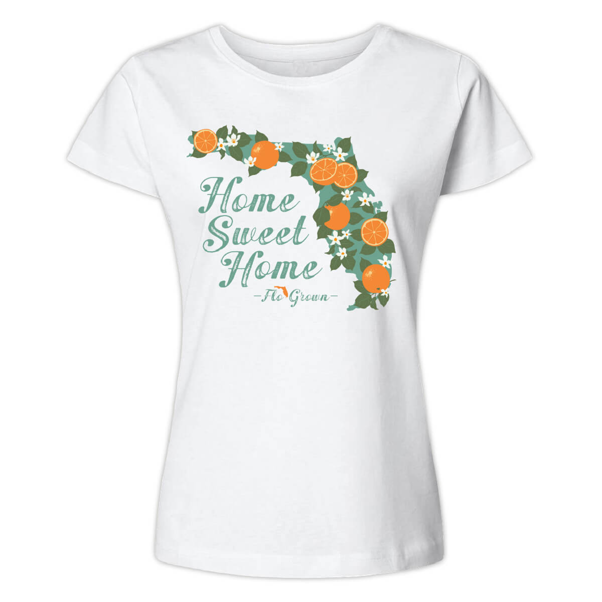 White womens tee with the state of Florida on the front with oranges and flowers in it with the text 'Home Sweet Home'.