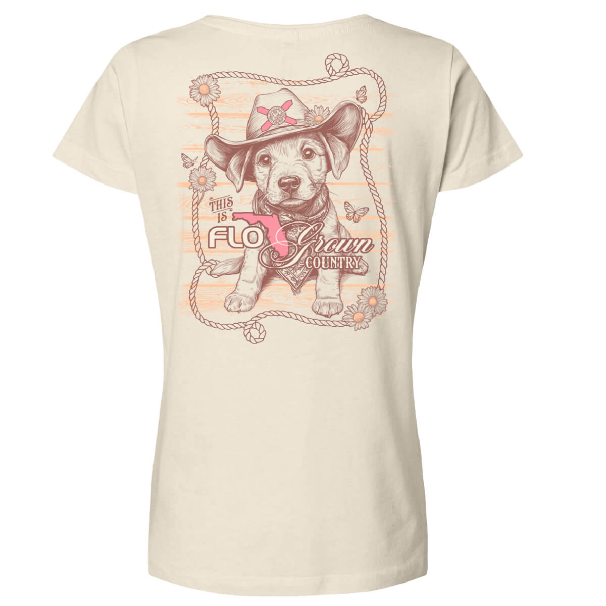 Beige t-shirt with a graphic of a dog wearing a cowboy hat and the text 'This is FloGrown country'.