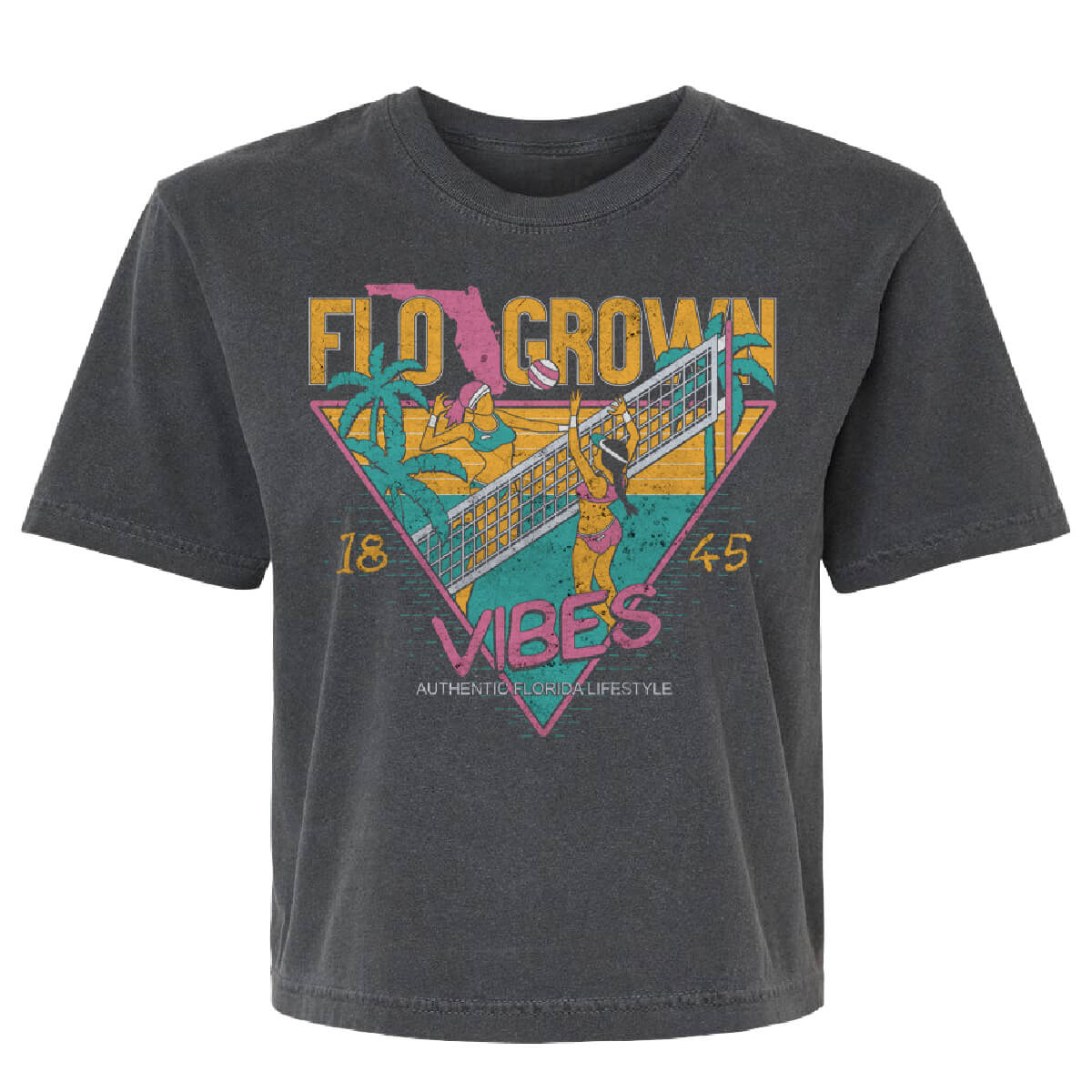 Gray womens tee with a retro design of women playing beach volleyball on the front.