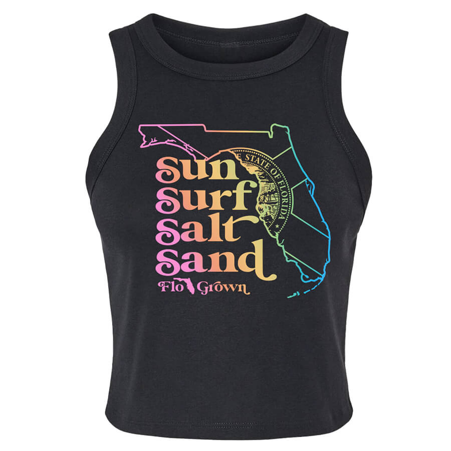 A black sleeveless tank top featuring a colorful graphic print of the state outline of Florida with the words 'sun surf salt sand' and 'Florida Grown' in a pastel rainbow gradient.