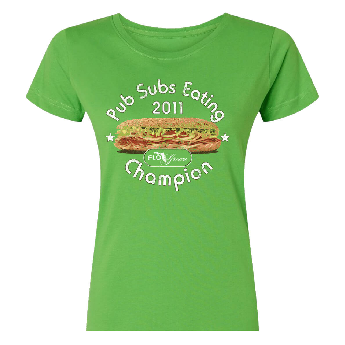 Green tee with a graphic of a sub and the text 'Pub Subs Eating Champion 2011'.