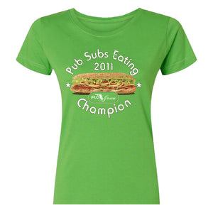 Green tee with a graphic of a sub and the text 'Pub Subs Eating Champion 2011'.