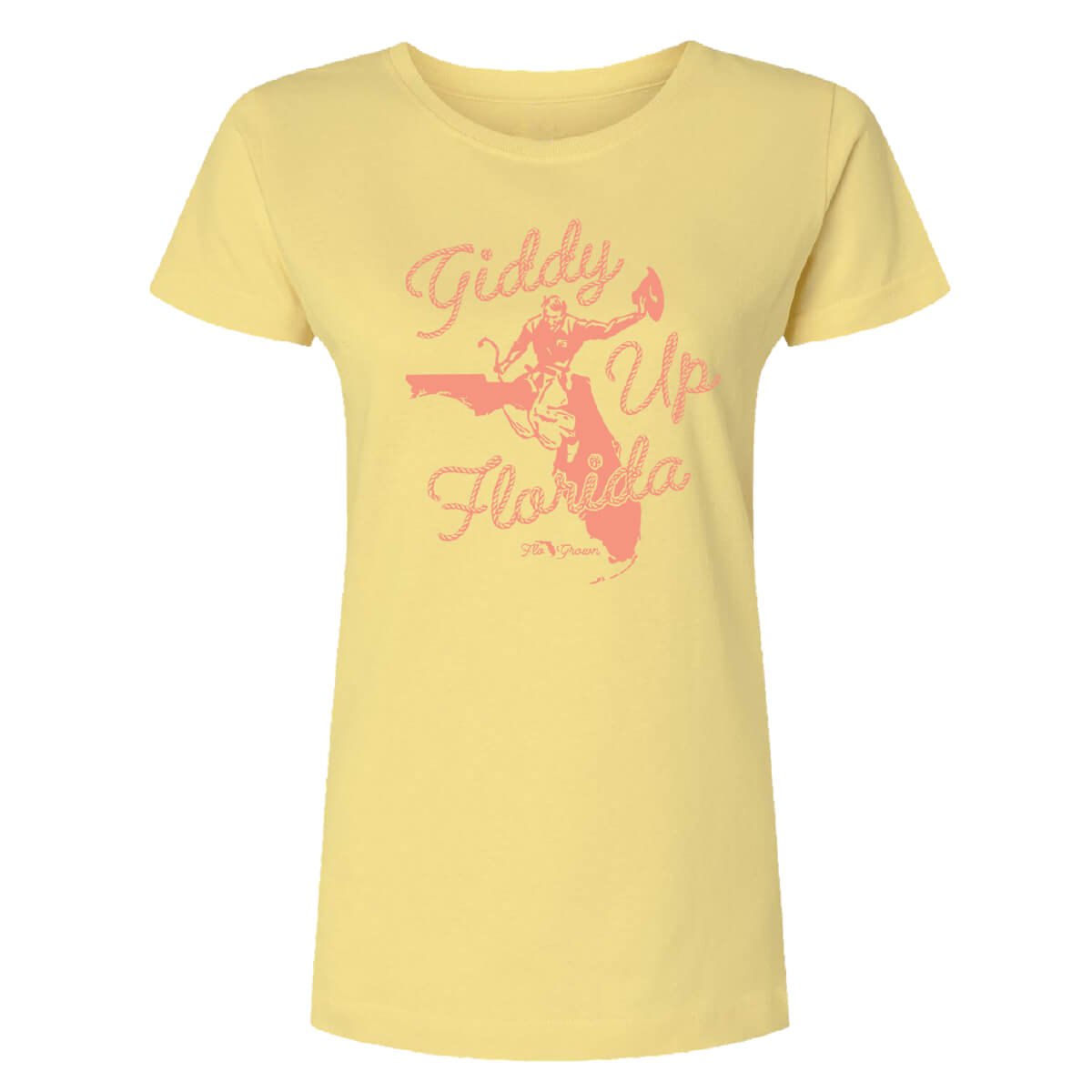 Yellow t-shirt with 'Giddy Up Florida' graphic design on the front.
