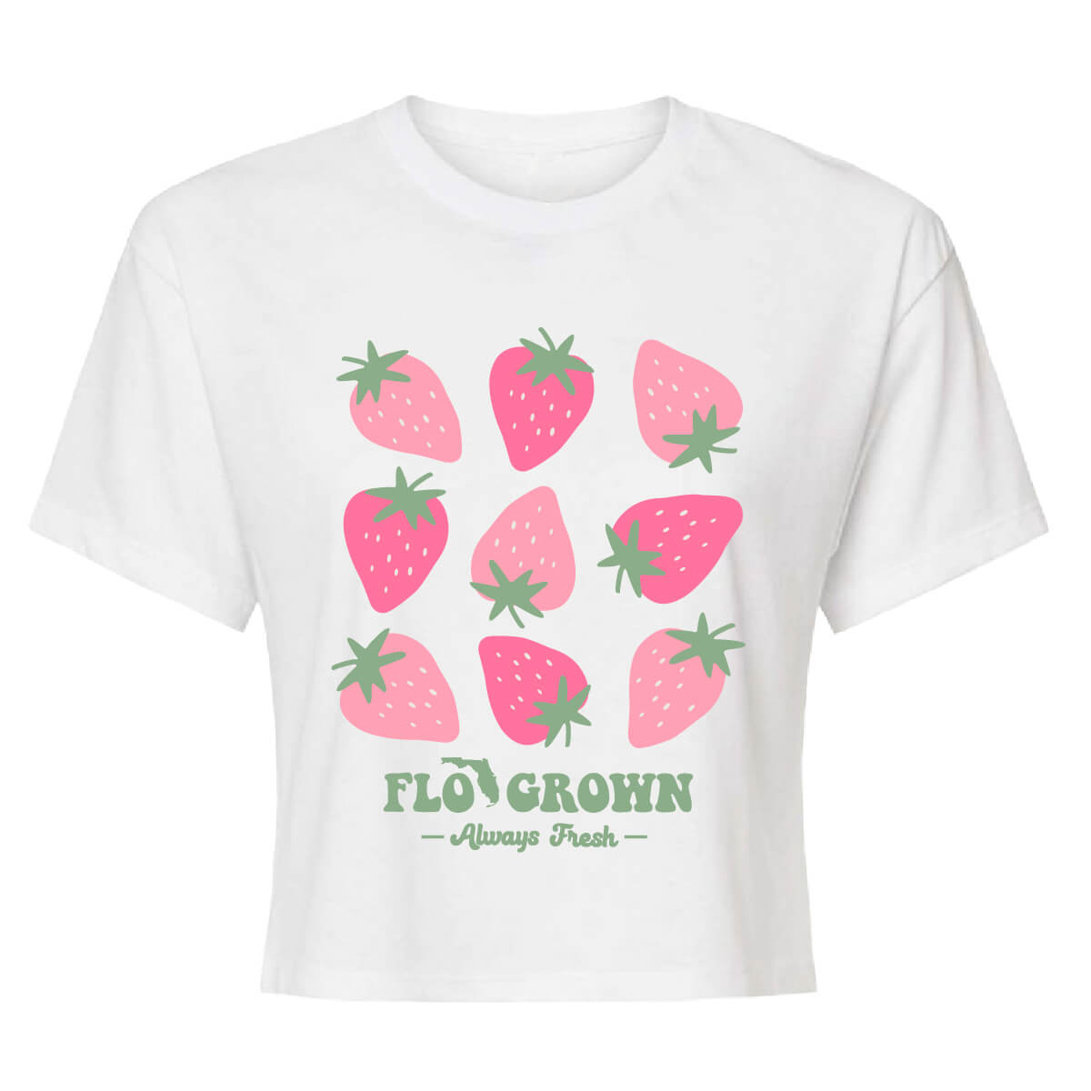 White crop top with strawberries in a 3x3 grid on the front.