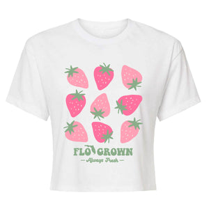 White crop top with strawberries in a 3x3 grid on the front.