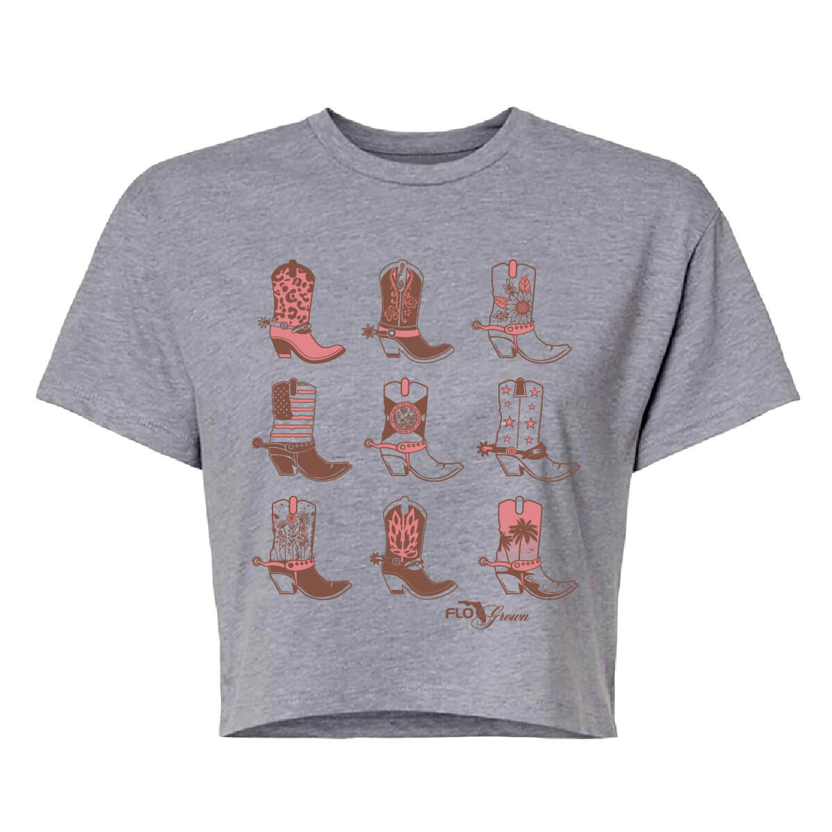 Gray crop top with a 3x3 grid of different cowboy boots on the front.