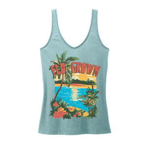 Blue tank top with tropical graphic and 'Flo Grown' text.