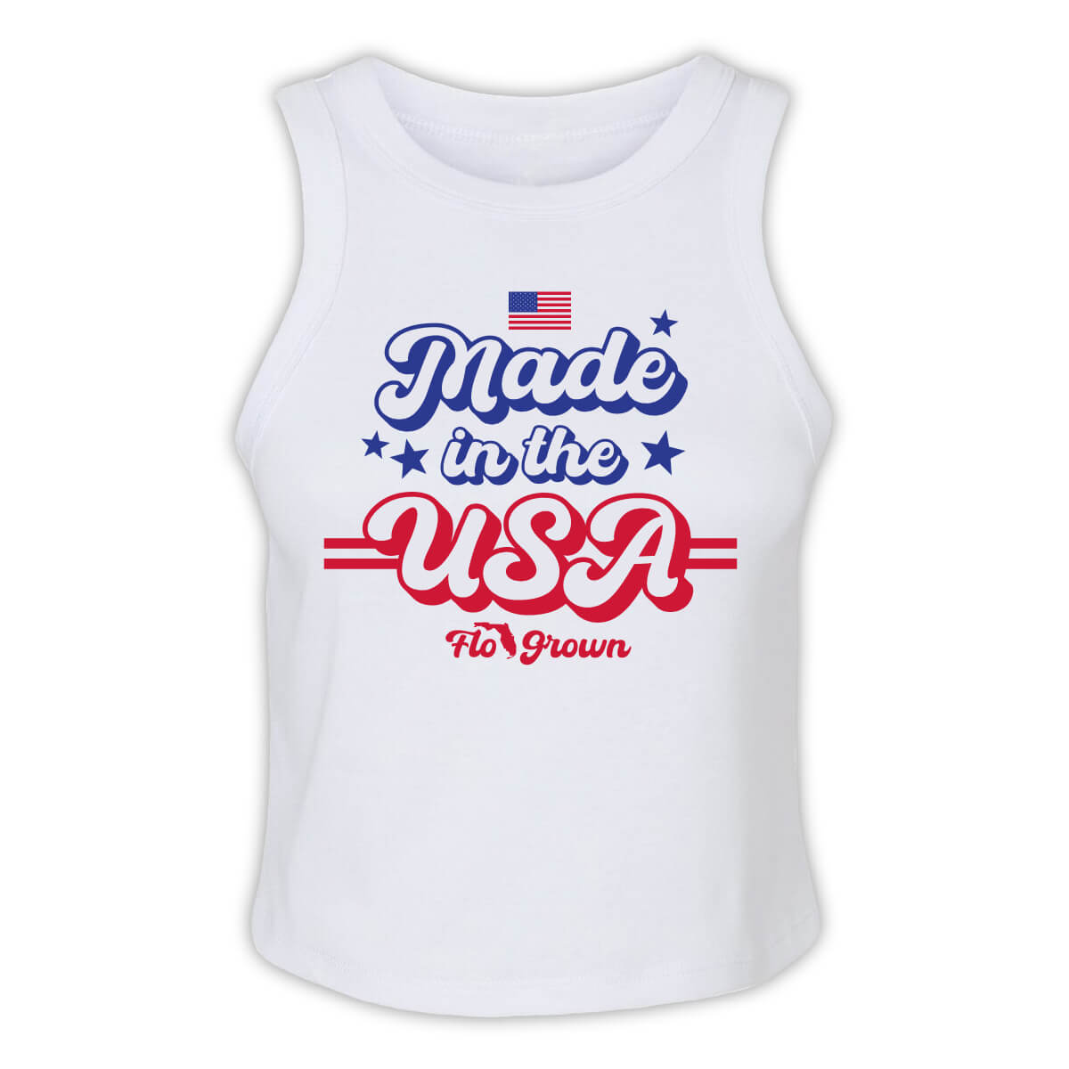 White tank top with the text 'Made in the USA' in blue and red and a retro font.