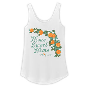 White tank top with design depicting flowers and oranges within the state of Florida and 'Home Sweet Home' text.