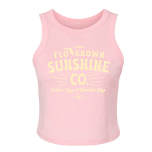 Pink tank top with retro style text reading 'FLOGROWN SUNSHINE CO'.