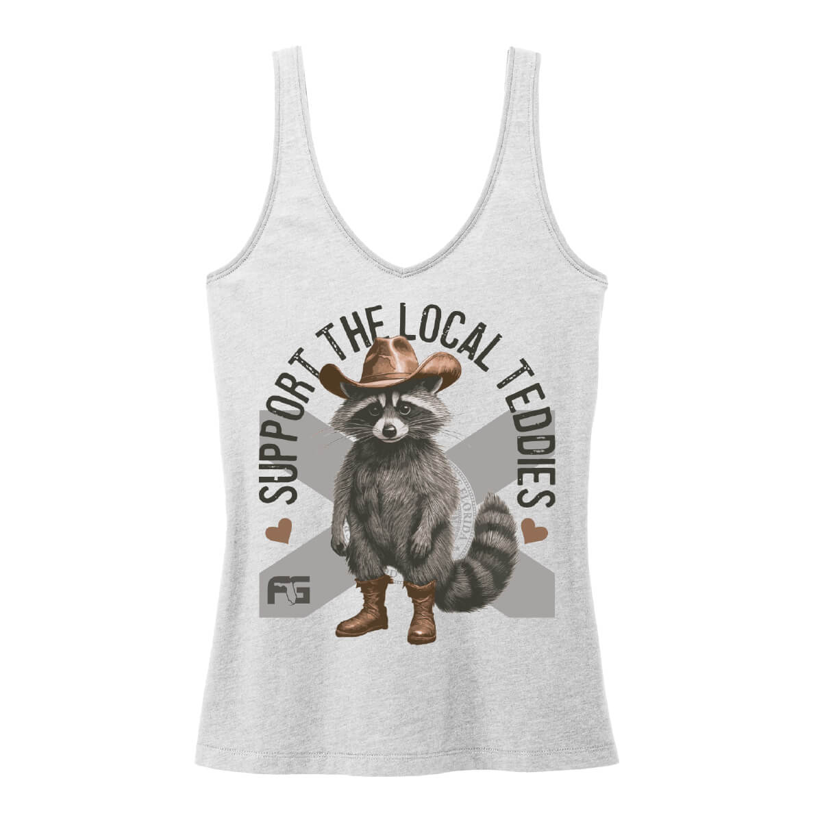 Gray tank top with a raccoon graphic and text 'Support the Local Teddies'.