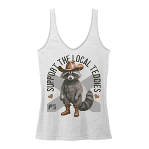 Gray tank top with a raccoon graphic and text 'Support the Local Teddies'.