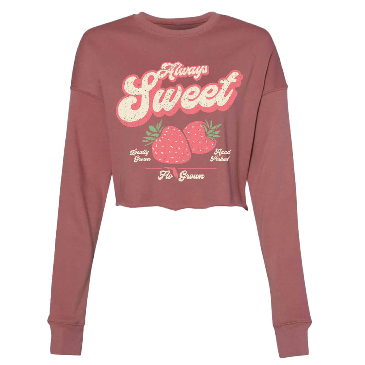 Cropped sweater with a retro graphic of strawberries and the text 'ALWAYS SWEET' on the front.