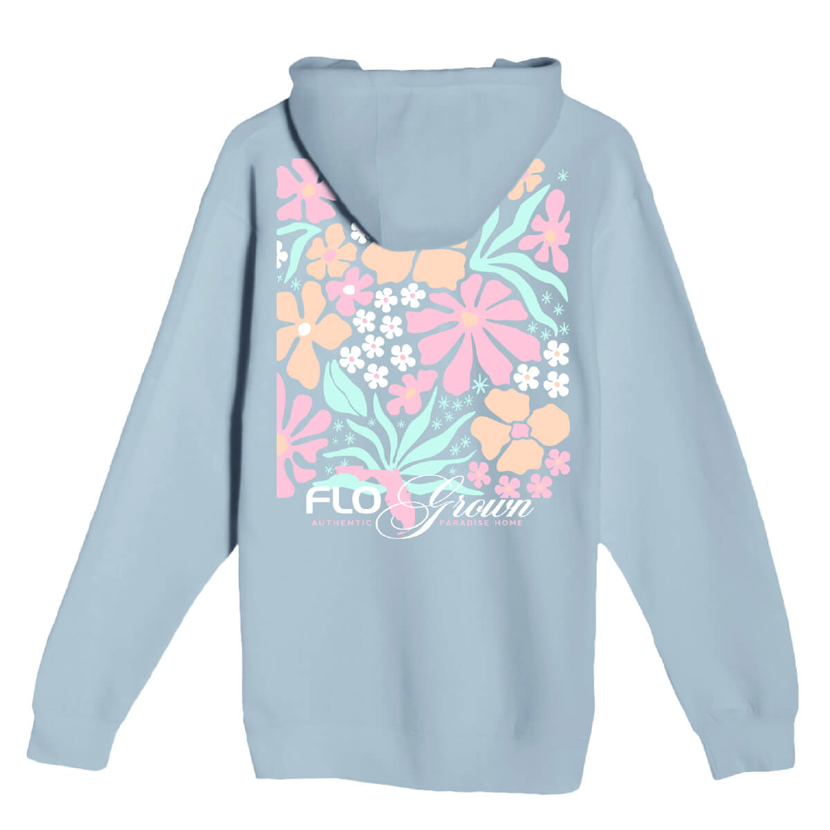 Light blue hoodie with a floral graphic on the back and the FloGrown logo in a script font.