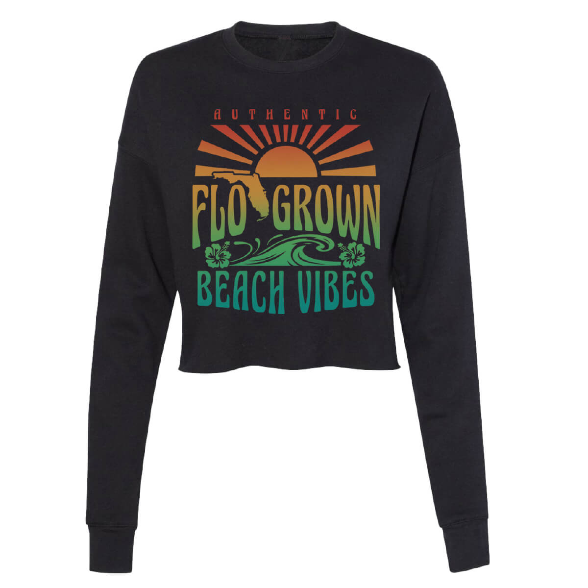Black cropped sweater with a retro graphic of a sunset and waves and the text 'FLOGROWN BEACH VIBES'.