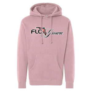 Pink hoodie with the FloGrown logo on the chest with a floral decoration within the state of Florida.