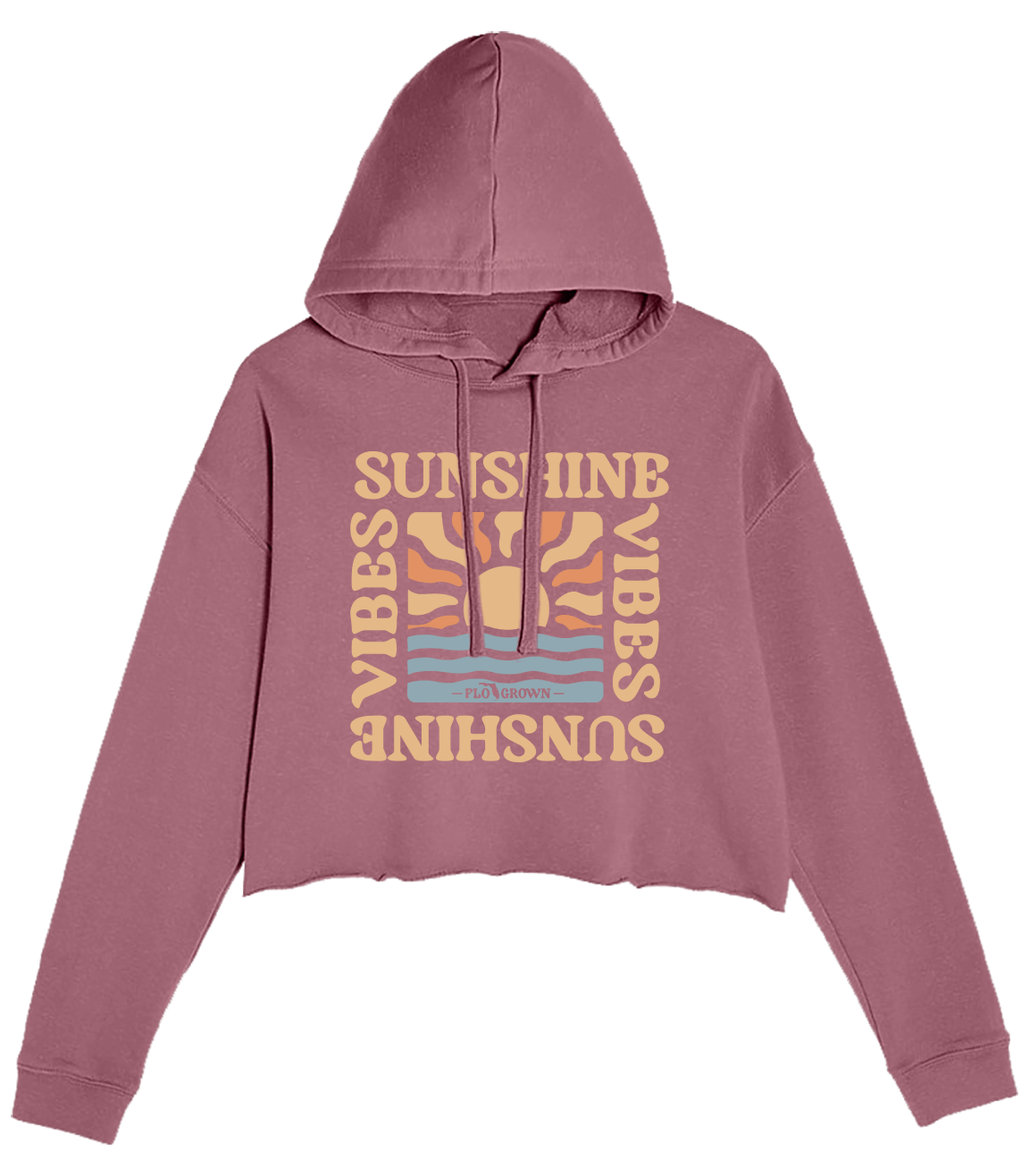 Pink cropped hoodie with retro text 'SUNSHINE VIBES' and sunrise over ocean design.