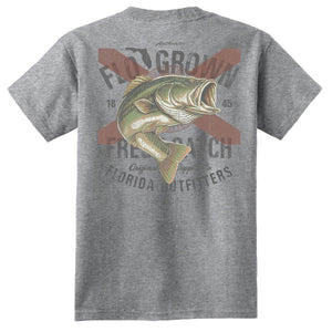 Gray shirt with a Florida flag and a bass over it on the back.