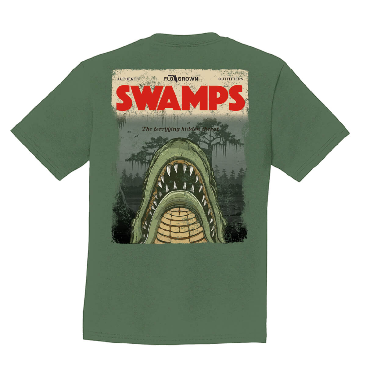 Green t-shirt with a graphic design of a gator and 'Swamps' text on the back.