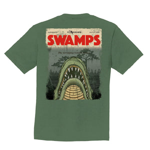 Green t-shirt with a graphic design of a gator and 'Swamps' text on the back.