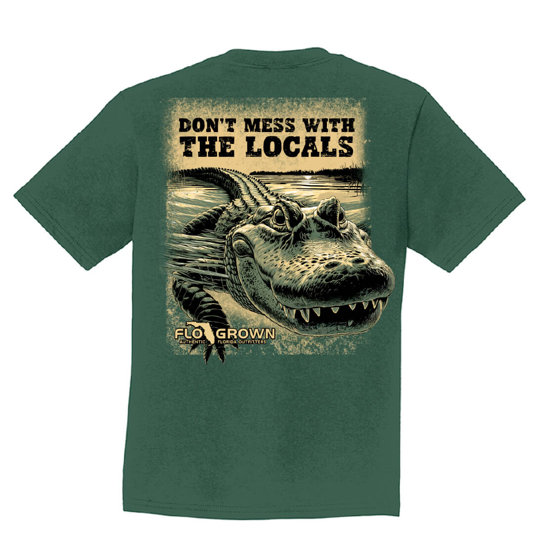 Green youth tee with a graphic of a Gator in the water with text 'DON'T MESS WITH THE LOCALS'.