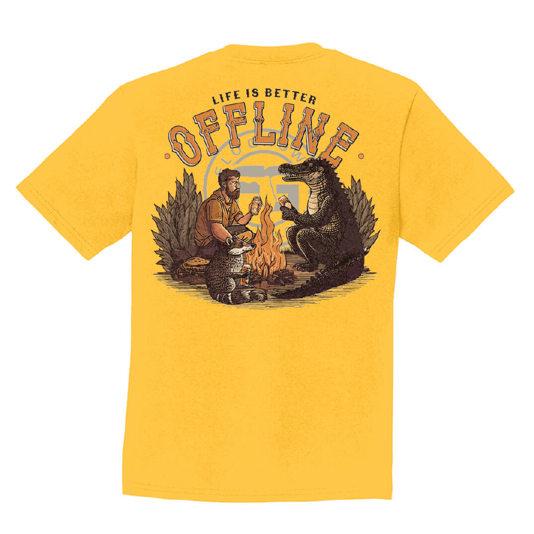 Yellow t-shirt with a graphic of a man and alligator by a campfire, featuring the text 'Life is Better Offline'.