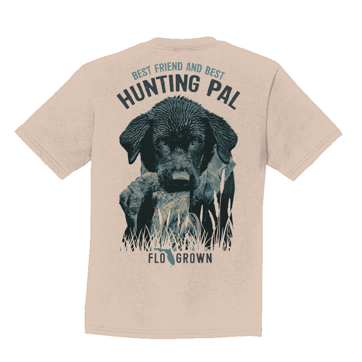 Beige t-shirt with a graphic of a black dog with a duck in its mouth.