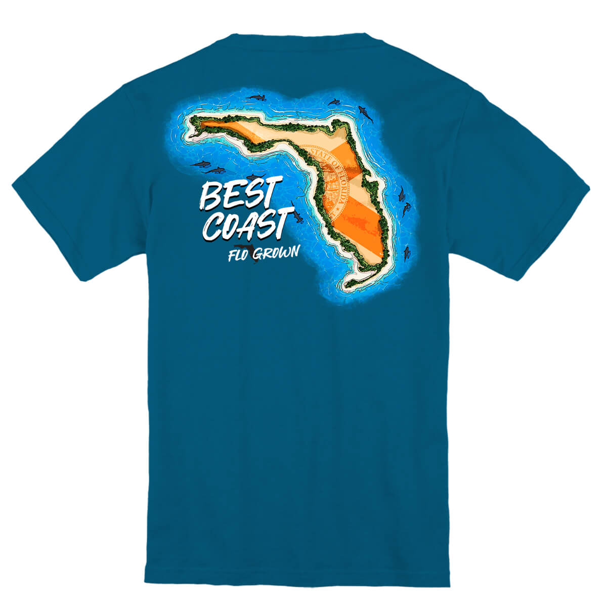 Blue youth tee with an outline of Florida with the Florida flag within it and the text 'BEST COAST' on the back.