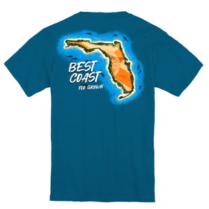 Blue youth tee with an outline of Florida with the Florida flag within it and the text 'BEST COAST' on the back.