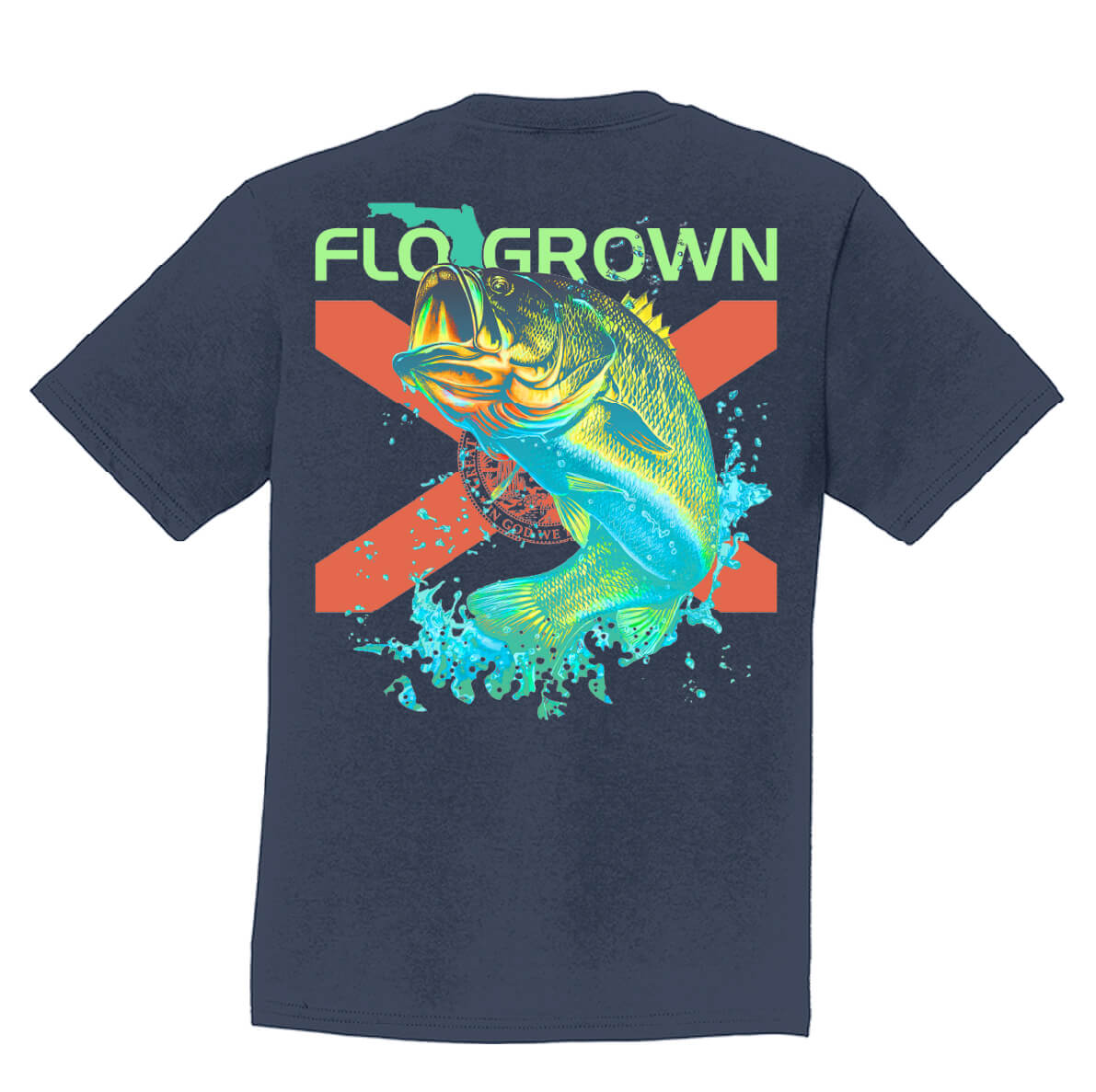 Navy blue t-shirt with a colorful fish graphic and 'FLO GROWN' text over the Florida flag.