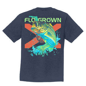 Navy blue t-shirt with a colorful fish graphic and 'FLO GROWN' text over the Florida flag.