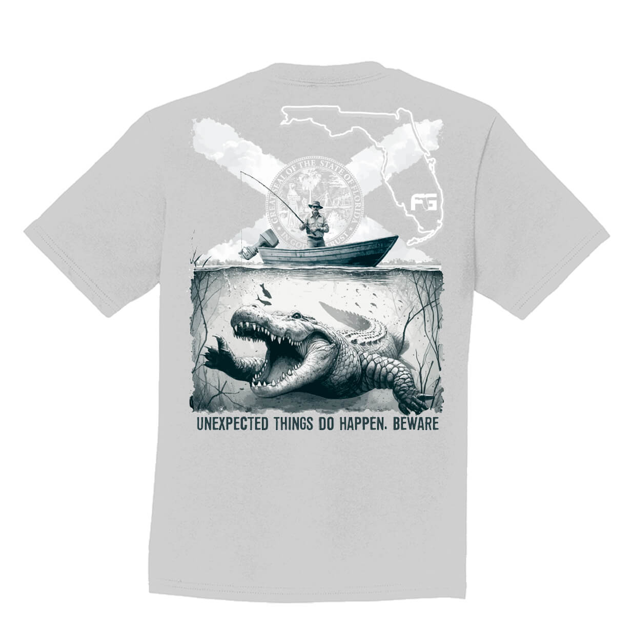 Gray t-shirt with a graphic design of an alligator under water and a man fishing on a boat above it.