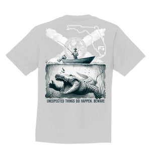 Gray t-shirt with a graphic design of an alligator under water and a man fishing on a boat above it.