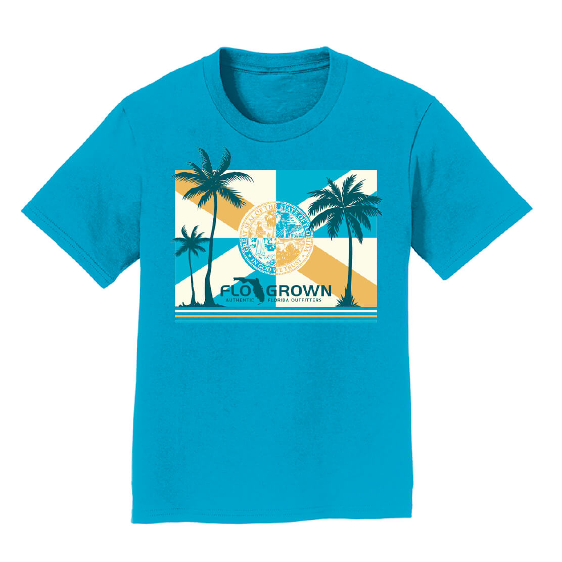 Blue t-shirt with palm tree design and Florida flag in blue, white and yellow colors.