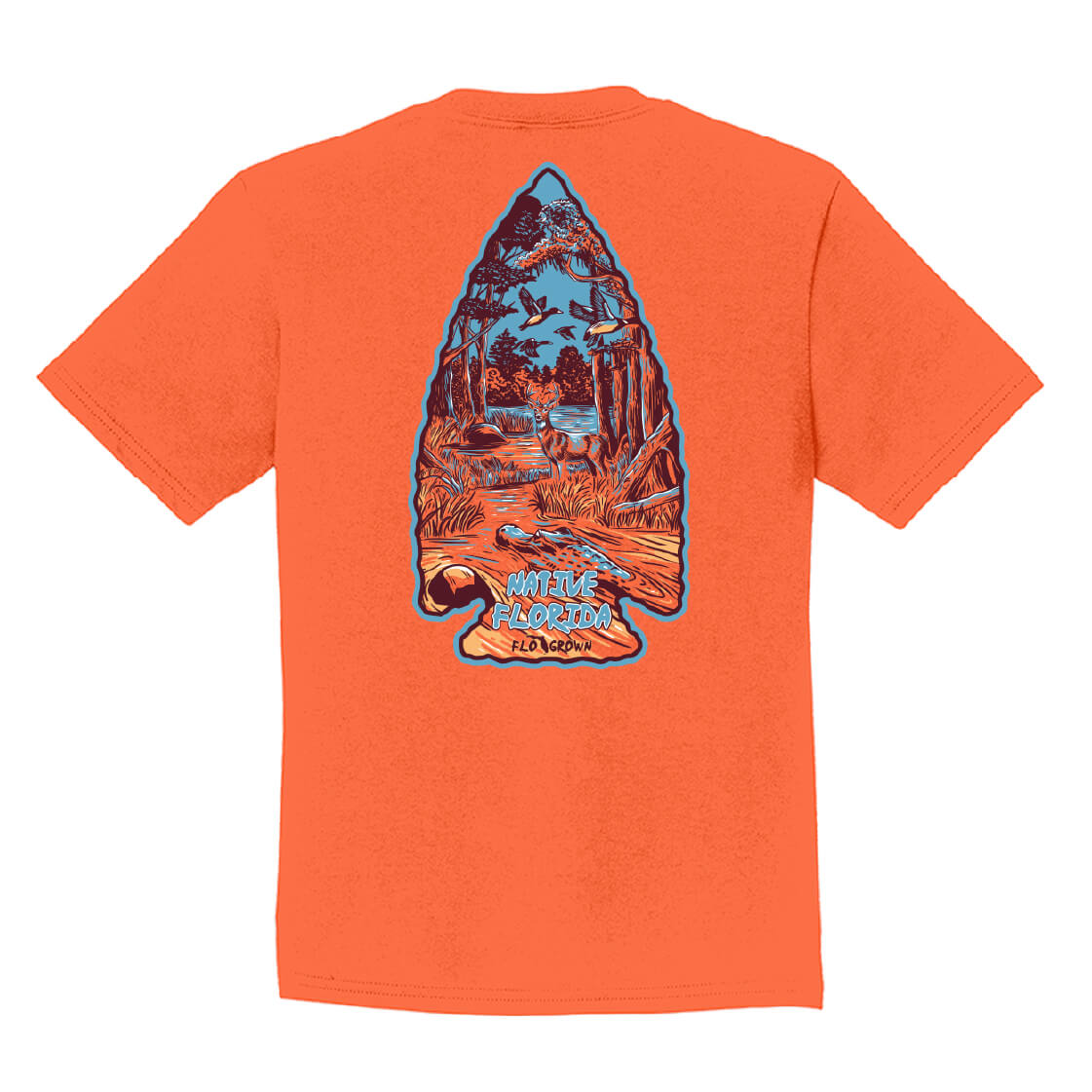 Orange shirt with a graphic of an arrowhead on the back with a woodland scene within it featuring ducks, gators and deer.