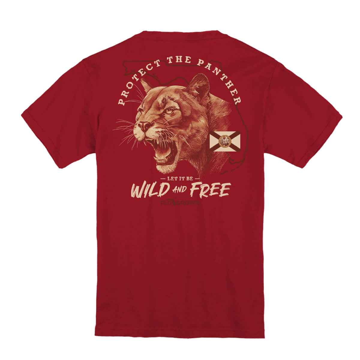Red shirt with a graphic on the back of a panther with the text 'PROTECT THE PANTHER - LET IT BE WILD AND FREE'.