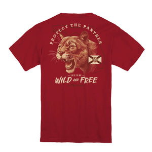 Red shirt with a graphic on the back of a panther with the text 'PROTECT THE PANTHER - LET IT BE WILD AND FREE'.