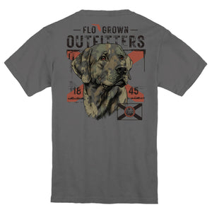 Gray tee with a graphic of a dog in camo colors with the Florida flag behind it.