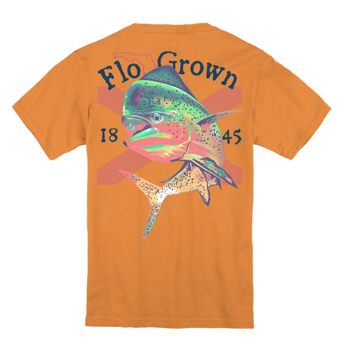 Orange shirt with a graphic on the back of a mahi over the Florida flag.