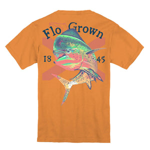 Orange shirt with a graphic on the back of a mahi over the Florida flag.