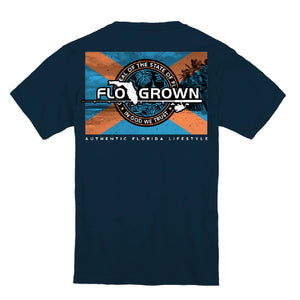 Navy tee with a graphic on the back of a beach scene with the Florida flag in the center and the FloGrown logo.