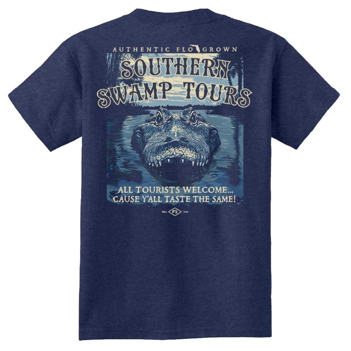 Blue tee with a graphic of a gator hovering at the top of a lake and the text 'SOUTHERN SWAMP TOURS'.
