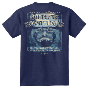 Blue tee with a graphic of a gator hovering at the top of a lake and the text 'SOUTHERN SWAMP TOURS'.