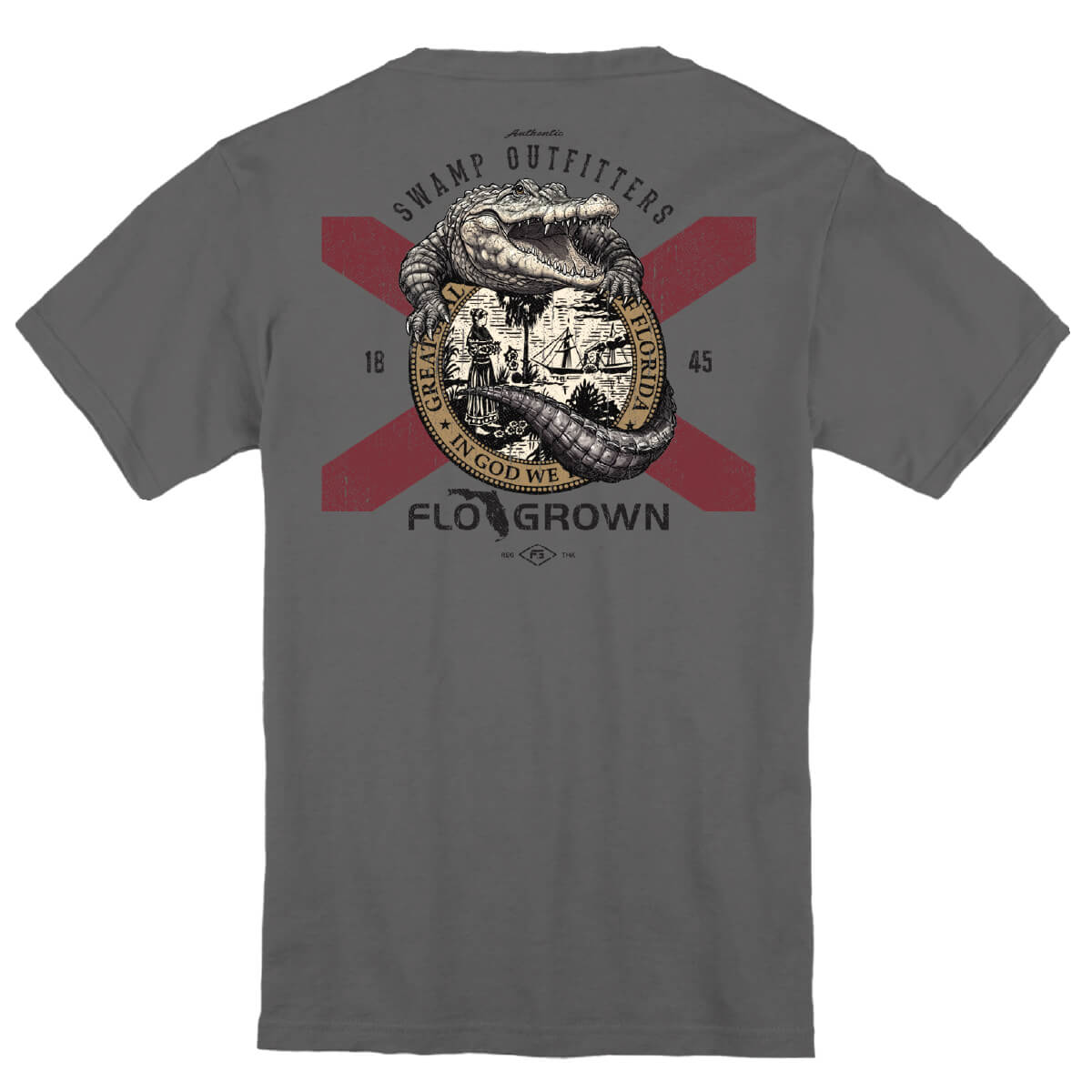 Gray tee with a graphic of a gator sitting on top of the Florida flag on the back.