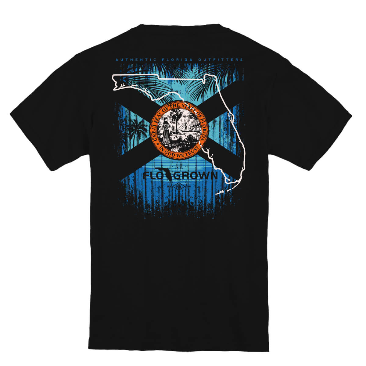 Black tee with a graphic of a beach and palm trees with the Florida flag in the middle in black.