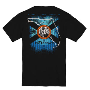 Black tee with a graphic of a beach and palm trees with the Florida flag in the middle in black.