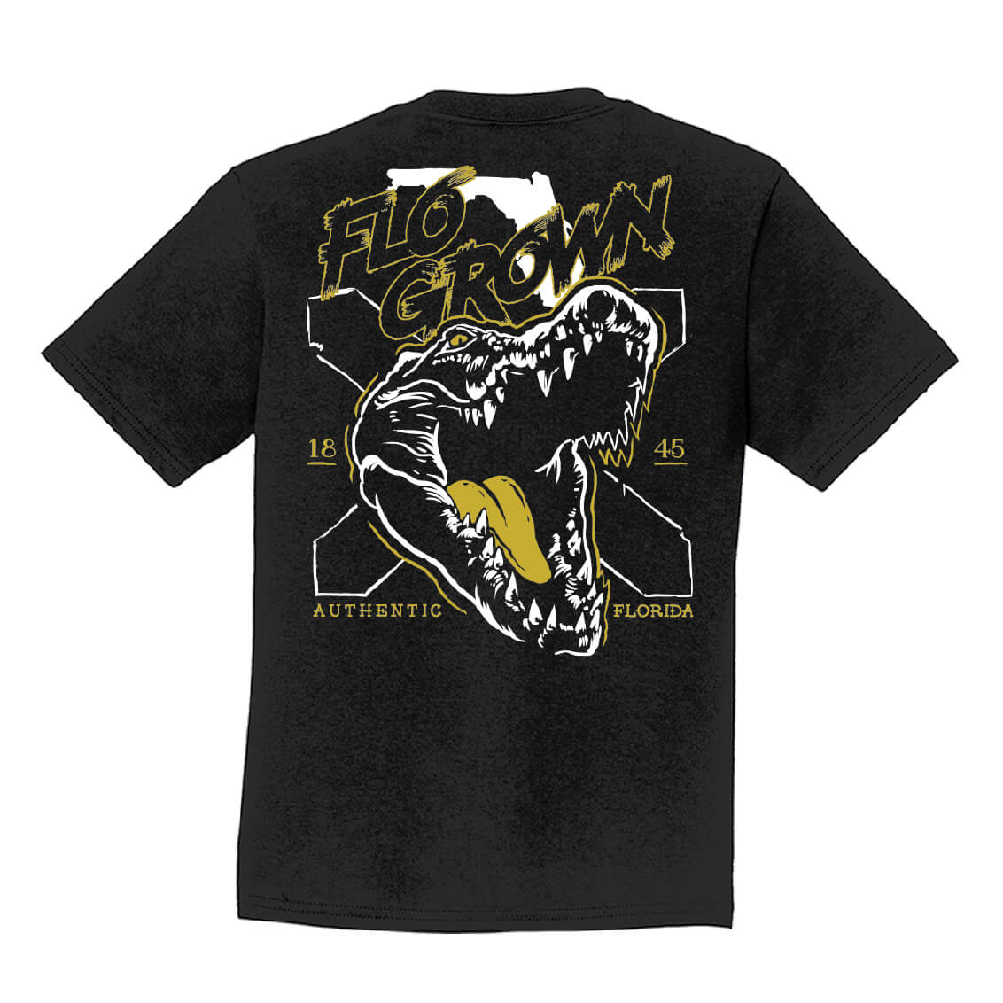 Black youth tee with a gator opening it's mouth with a Florida flag behind it all in a yellow outline.